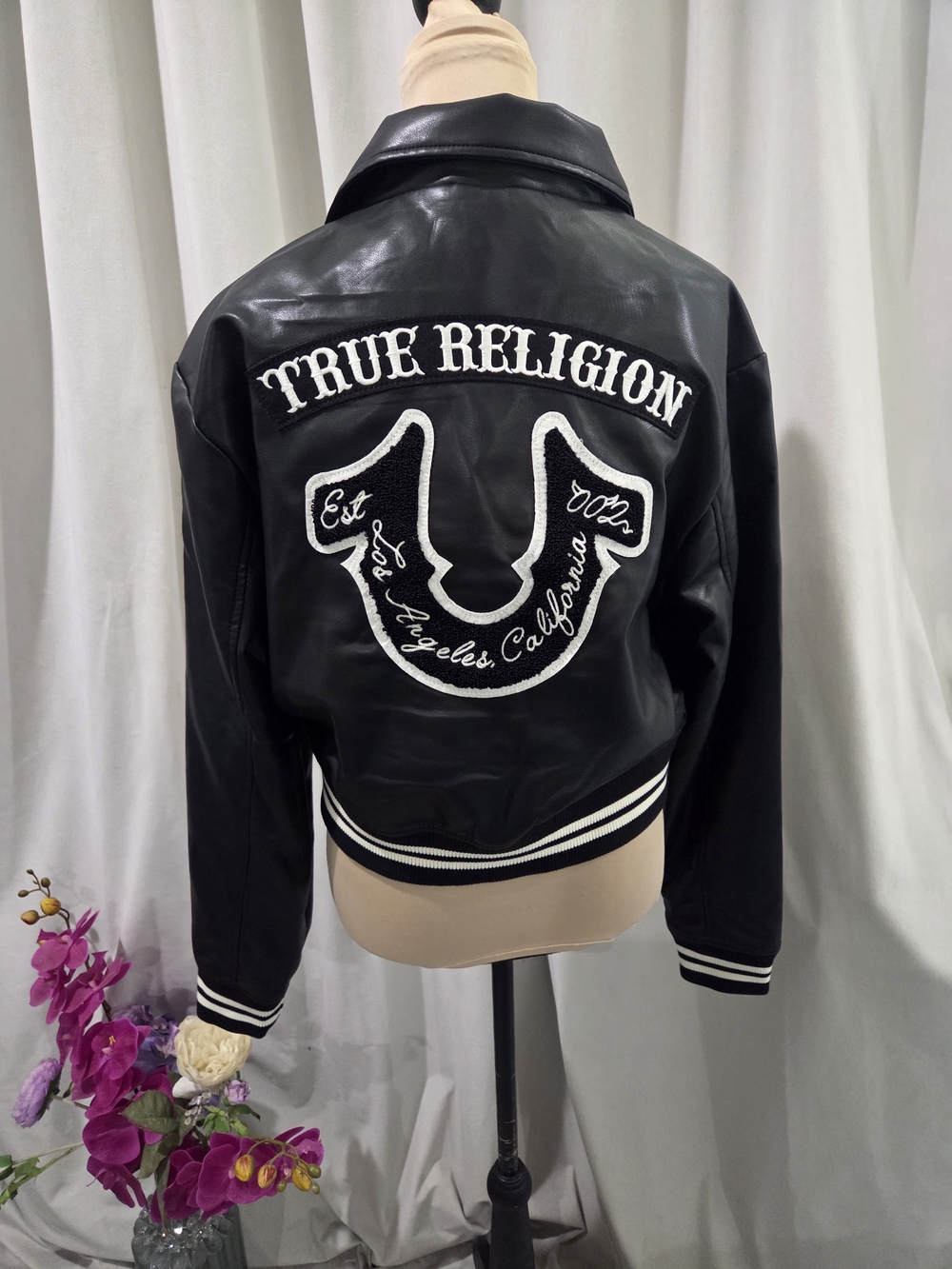 True Religion Black Faux Leather Varsity Jacket